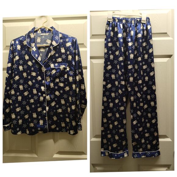 SWOMOG Women's Size Small Two-Piece Blue Satin Penguin Snowflake Pajama Set - Picture 1 of 5